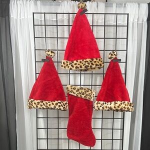 Gund Red and Leopard Print Plush Santa Hat/Stocking Bundle . Three One size Hats